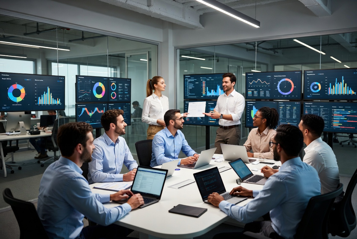 Business team collaborating with AI marketing dashboards at Business ROI Media